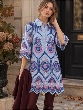Entro Embroidered Eyelet Mini Dress Blue Pink Puff Sleeve Scalloped Size S